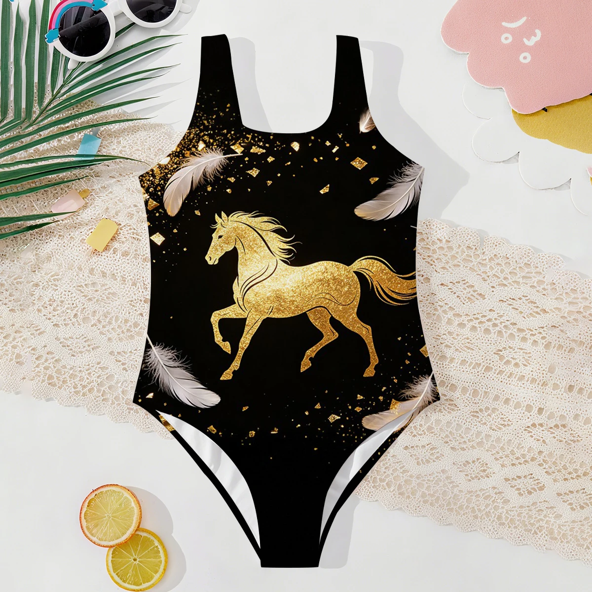 Girls' Summer Style Grand Horse Fashion Tight One-piece Swimsuit