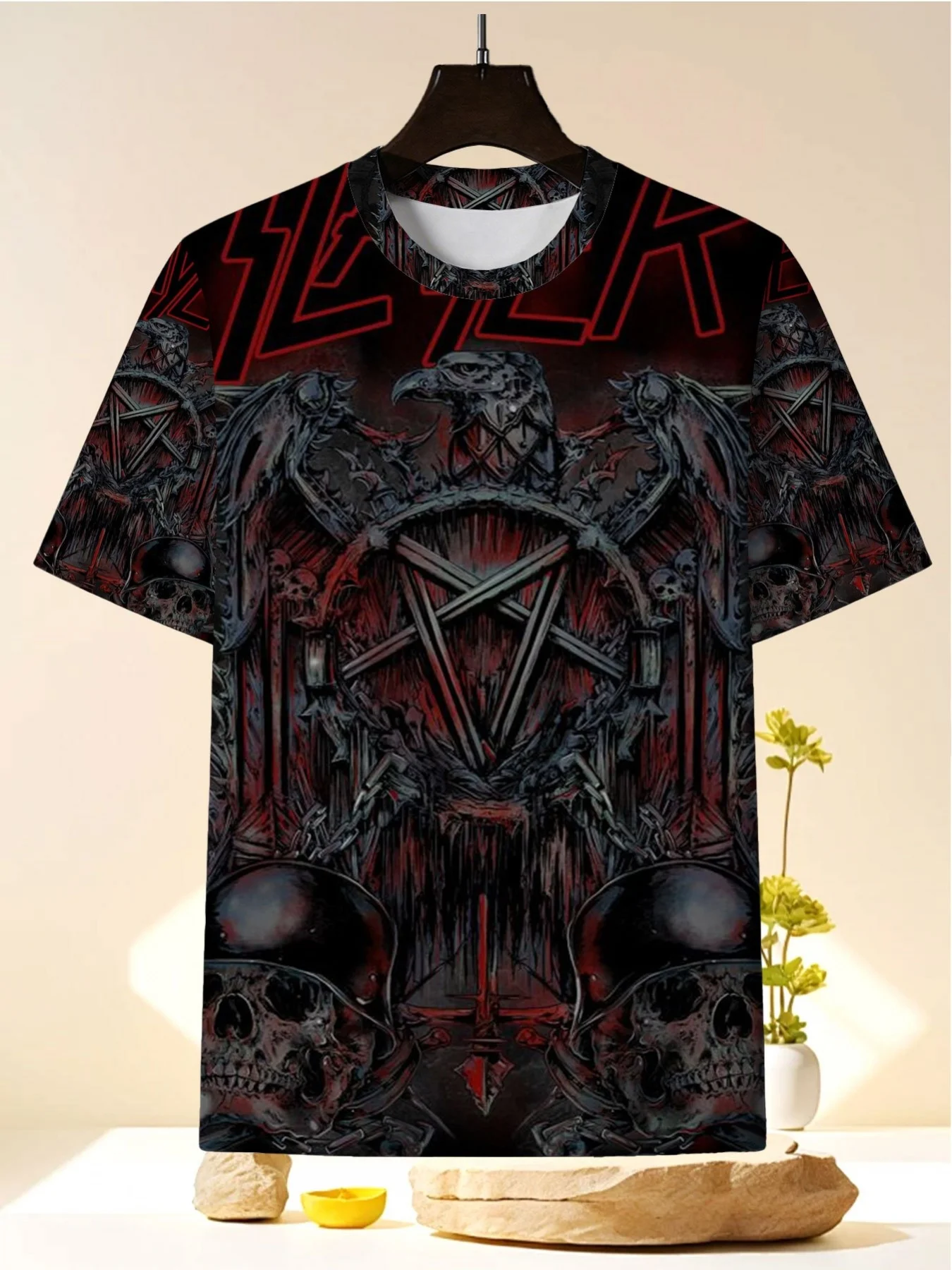 Men Black Red Pentagram Skull Eagle Dark Metal Rock Full Print Tee O Neck Short Sleeve Casual Top