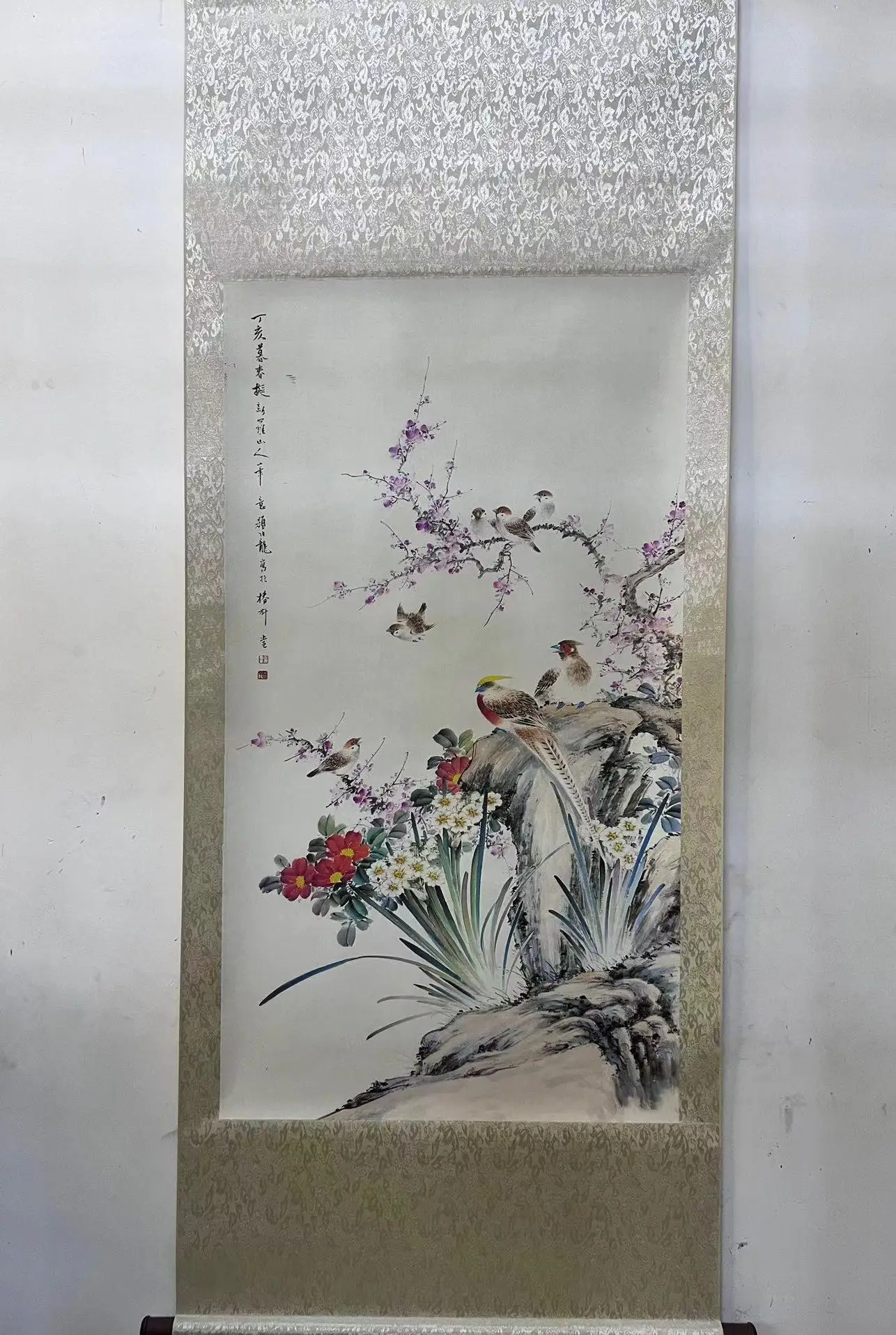Old Chinese hand-painted long scroll, Pheasant&Flower