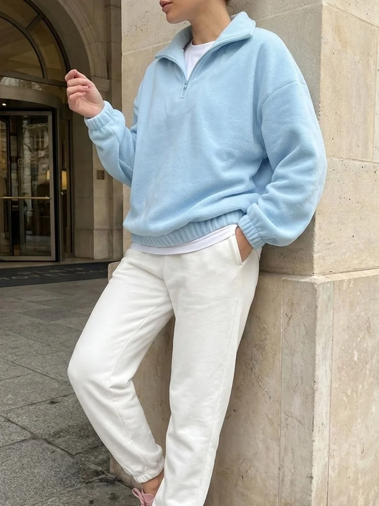 Tossy Fleece Half Zip Sweatshirt Long Sleeve Mock Neck Drop Shoulder Ribbed Cuff Ribbed Hem Oversized Daily Street Sweatshirt