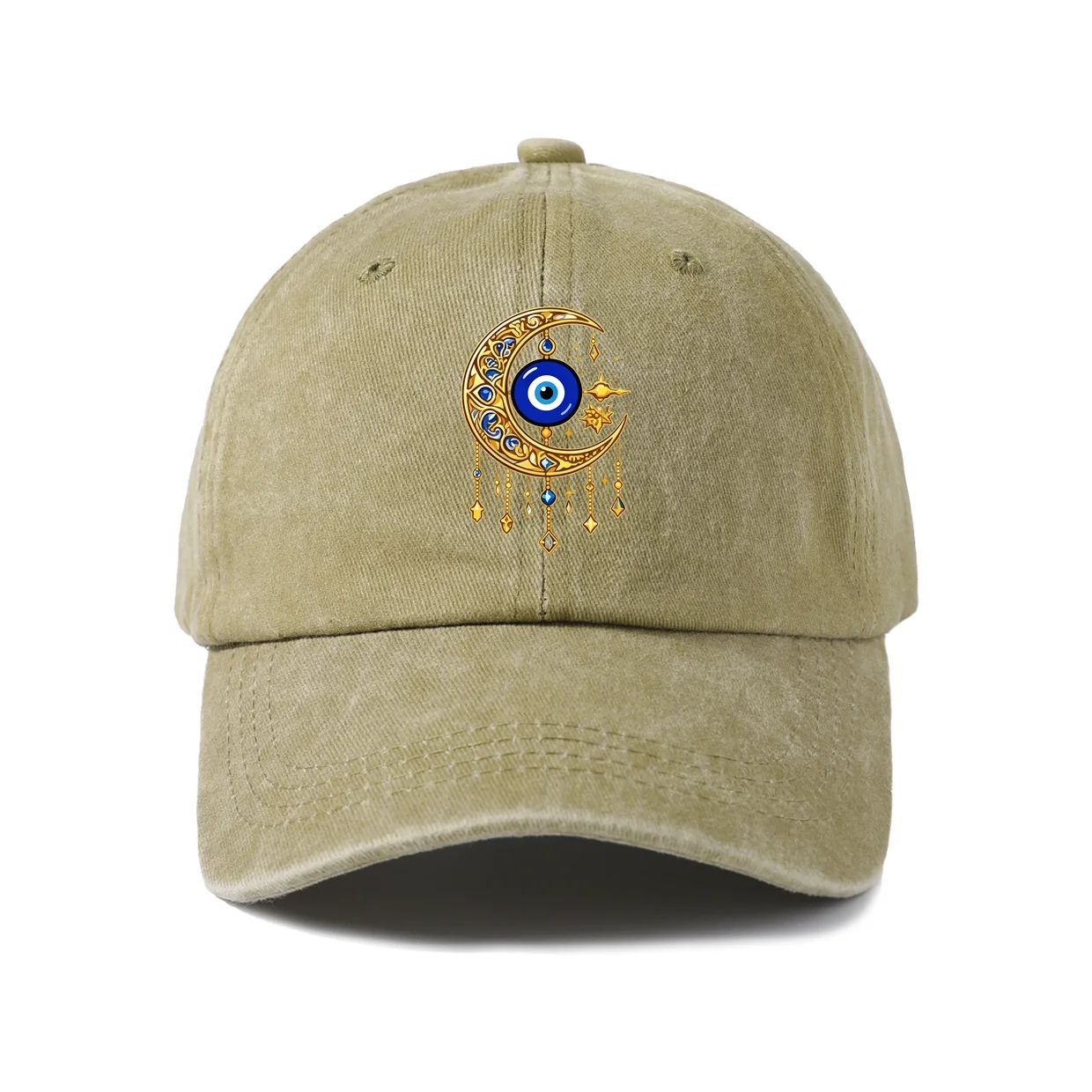 Golden Crescent Evil Eye Graphic Baseball Cap, Vintage Washed Adjustable Unisex Dad Hat, Everyday Gift