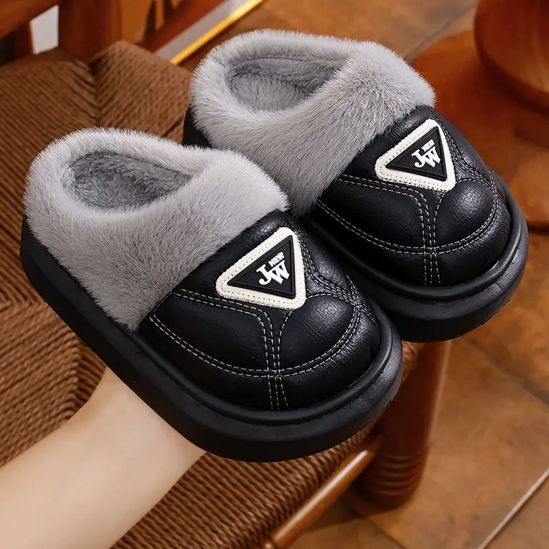 

Warm Winter Slippers for Kids Adults Couples EVA PU Leather Soft Sole Non Slip Fleece Lined Home Shoes Thick Indoor Footwear