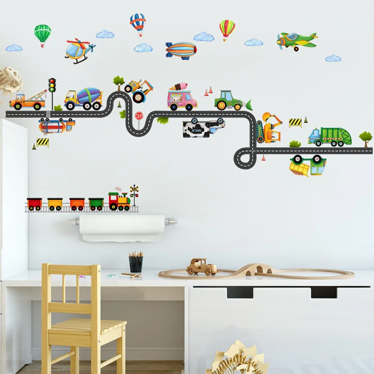 Cartoon Baufahrzeug Flugzeug Wandaufkleber Kinderzimmer Heimdekoration Wandbild Kinderzimmer Selbstklebende Kombinations-Tapete – Detail 2