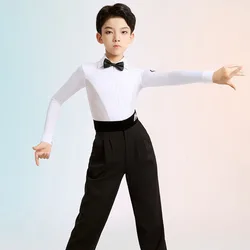New Latina Dance Tops Boys Competition Pants Long Sleeve White Shirt Latin Performance Stage Costume Rumba Dance Outfit VBH2614