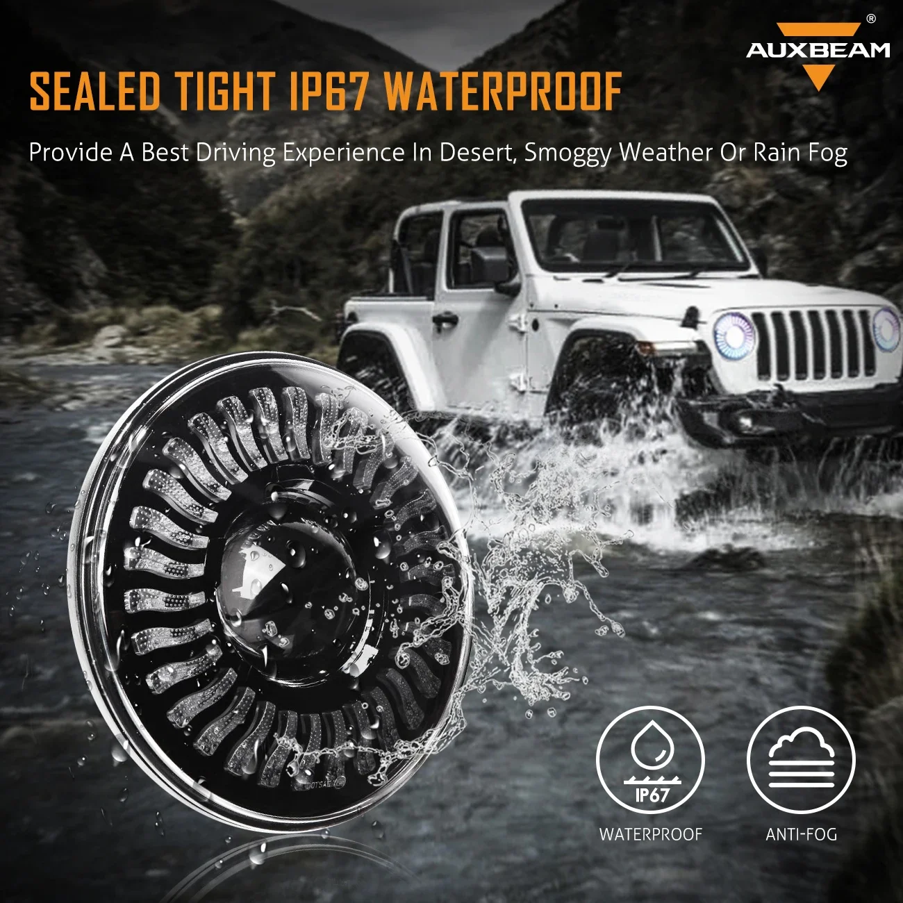Auxbeam 7inch RGB LED Headlights Bluetooth Controll High Low Beam Round LED Halo DRL for Jeep Wrangler JK TJ LJ 1997-2018
