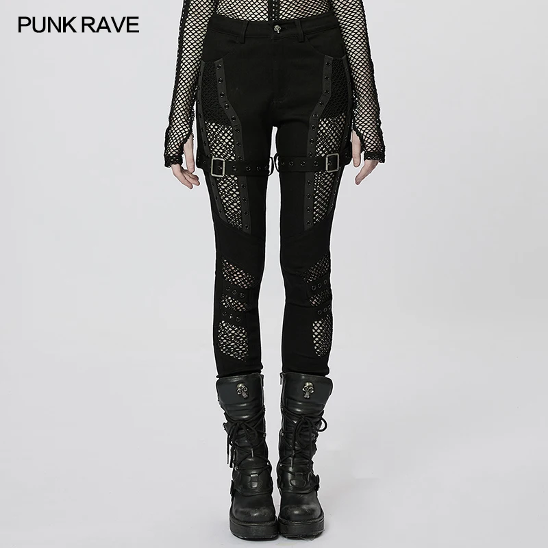 PUNK RAVE-Women's Punk Twill Denim and Mesh Splicing Sexy Tight Pants, Personalized Slim Trousers, Spring Autumn Streetwear