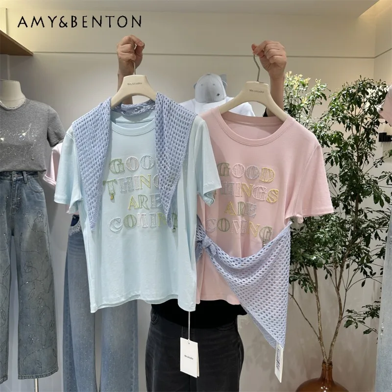 

Women's Pure Cotton Short-sleeved T-shirt Spring Summer New Stylish Design Embroidered Letters Loose-fitting Age-reducing Top