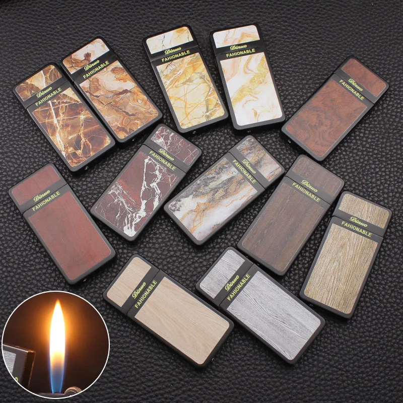 New Marble Stylish Grinding Wheel Lighter Metal Wood Grain Inflatable Open Flame Cigarette Lighter Simple Wholesale