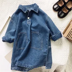 Spring Autumn Long Sleeve Solid Color Denim Casual Loose Pocket Toddler Girls Dress