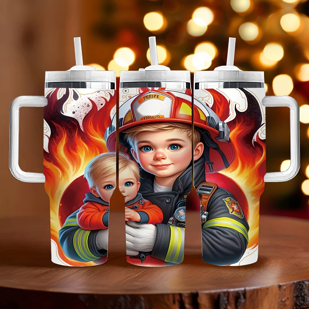 40oz Insulated Tumbler with Handle, Features Lovely Firefighter And Children Print, Offers Long Lasting Thermal Insulation, Perfect Holiday Birthday Gift for Firefighter Enthusiasts Daily Use And Outdoor Activities