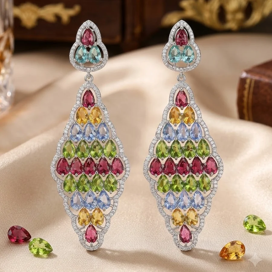 73x25mm Eye Catching Long Big Heavy 15.9g Rich Blue Aquamarine Green Peridot White CZ Females Gift Silver Earrings