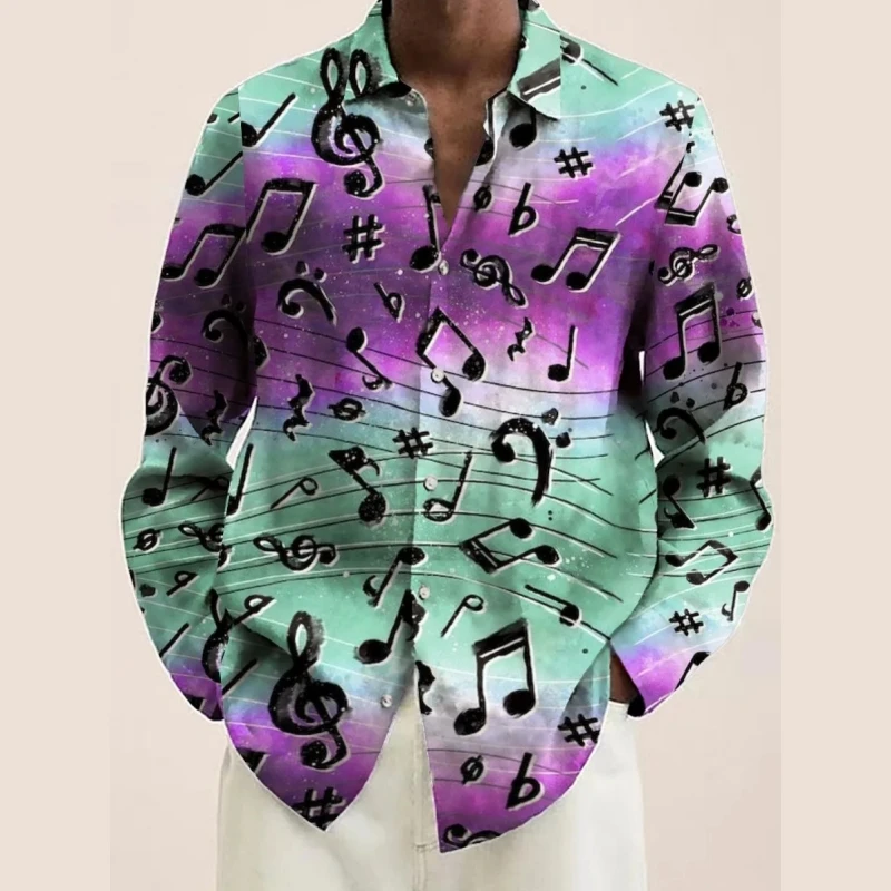 Music Series Print Men's Shirts Casual Single-Breasted Blouses Long Sleeve Shirt Streetwear Lapel Tops Trend Tops Men Clothing