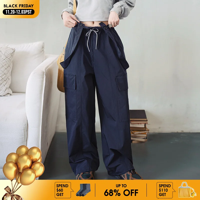 

Maden Retro Detachable Workwear Overalls with Pockets Drawstrings Straight Pants for Women's Solid Color Autumn Casual Trousers
