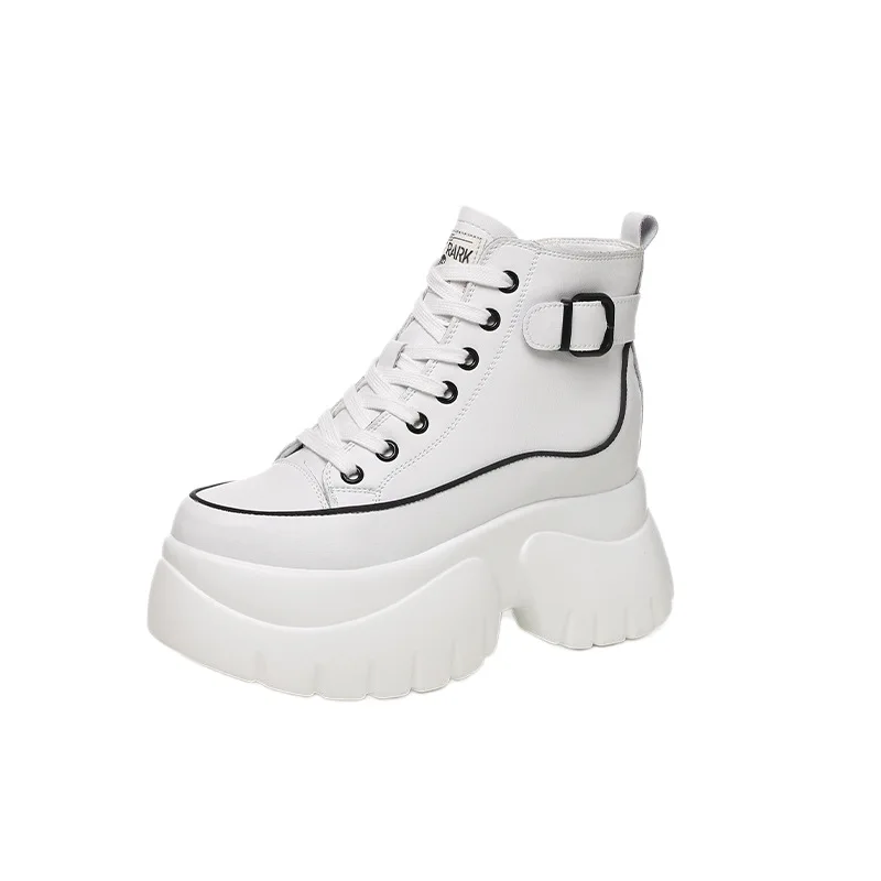 2026 New White Leather High Top Sneakers Women 8cm Platform High Heels Casual Lace Up Shoes for Short Girls Fashion Street Wear