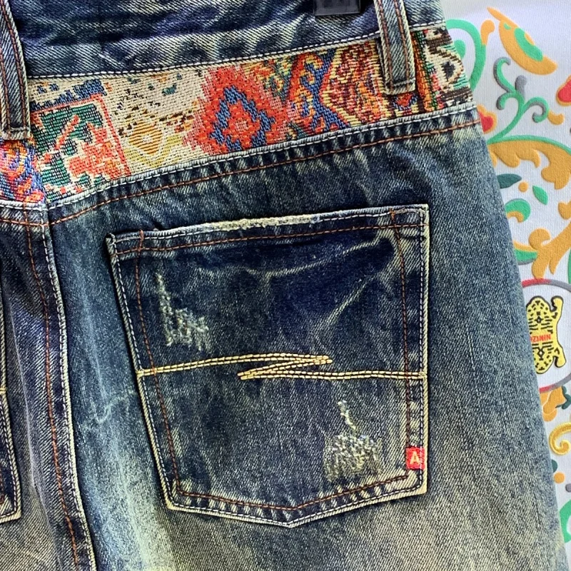 Patchwork Retro Vintage Jeans Men's High-End Washing Craft Loose Trendy Pu Shuai Wide Leg Leisure All-Matching Harem Pants