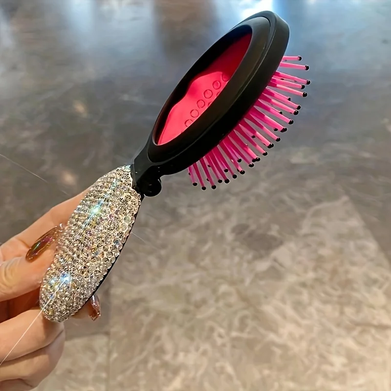 Oval air cushion folding comb artificial diamond-set mini with mirror portable hair comb