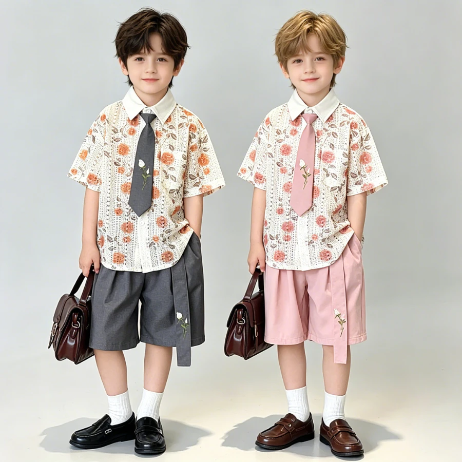 Boys Floral Shirt Shorts Set Kids Summer Outfit with Tie Toddler Boy Gentleman Party Wear School Children Fashion Casual Suit