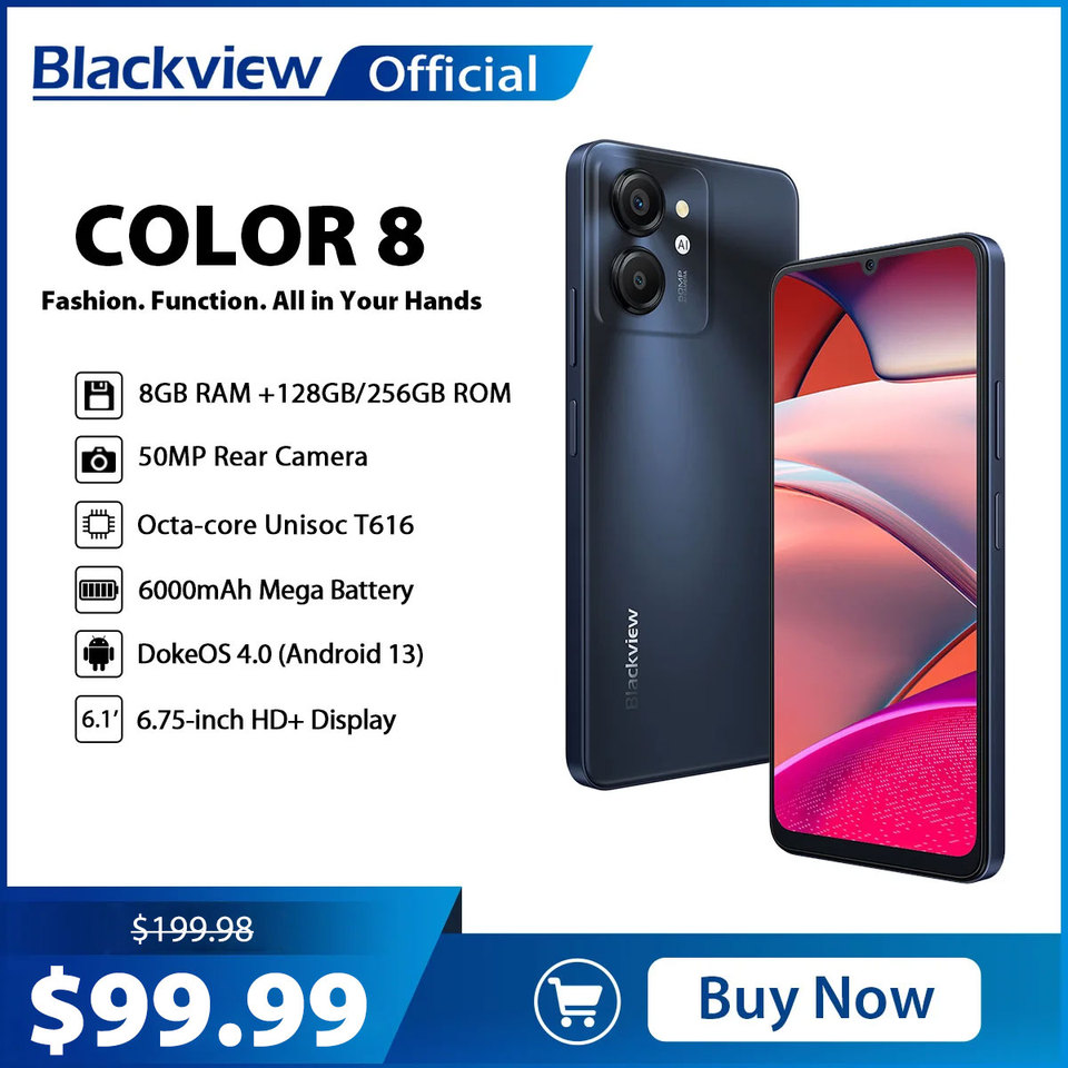 Blackview COLOR 8 Smartphone 6.75'' Display 90Hz Android 13,8GB+128GB/256GB 50MP Rear Camera 6000mAh Battery 18W Fast Charging