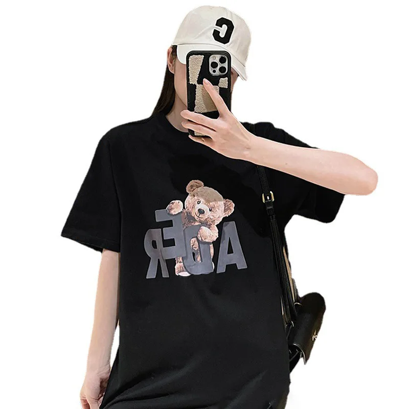 2024 New Summer Women\'s Cartoon Bear Print Loose Oversized Casual Round Neck Short Sleeved T-shirt Top