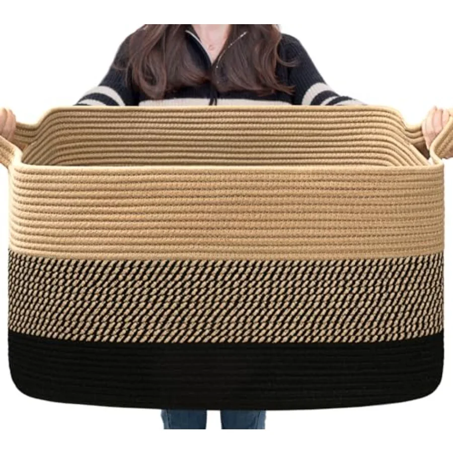 

Woven Blanket Basket, 21.6" x 14.9" x 11.8" Wicker Laundry Basket for Clothes, Storage Baskets for Organizing, Rectangle Rope L