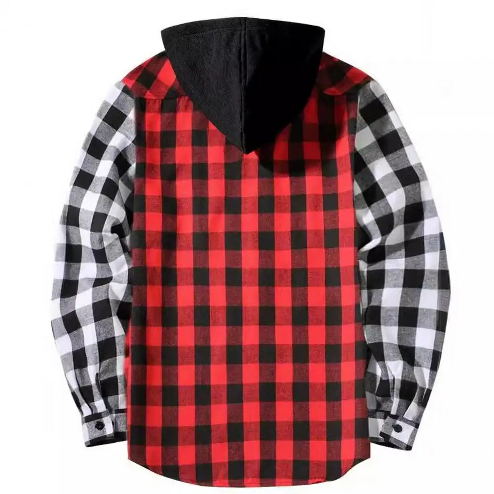 Hooded Shirt Jacket Men's Plaid Print Hooded Shirt Coat with Adjustable Drawstring Hood Chest Pocket Fall Winter Long Sleeves