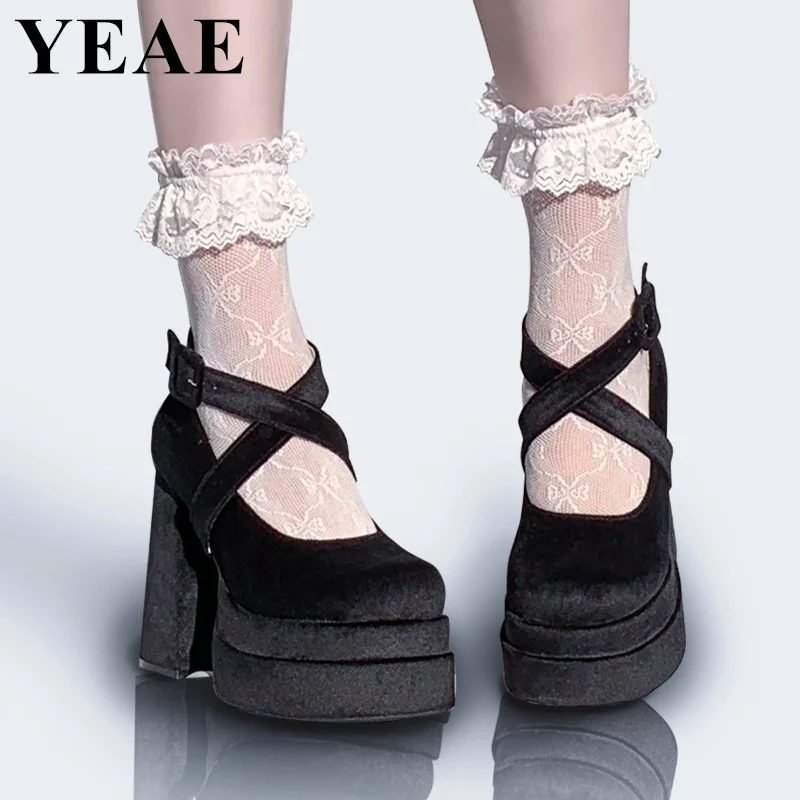 New Thick Sole Platform Shoes Chunky Heels Mary Jane Shoes Women Vintage Girls Lolita Shoes Cross-tied High Heels Plus Size 40