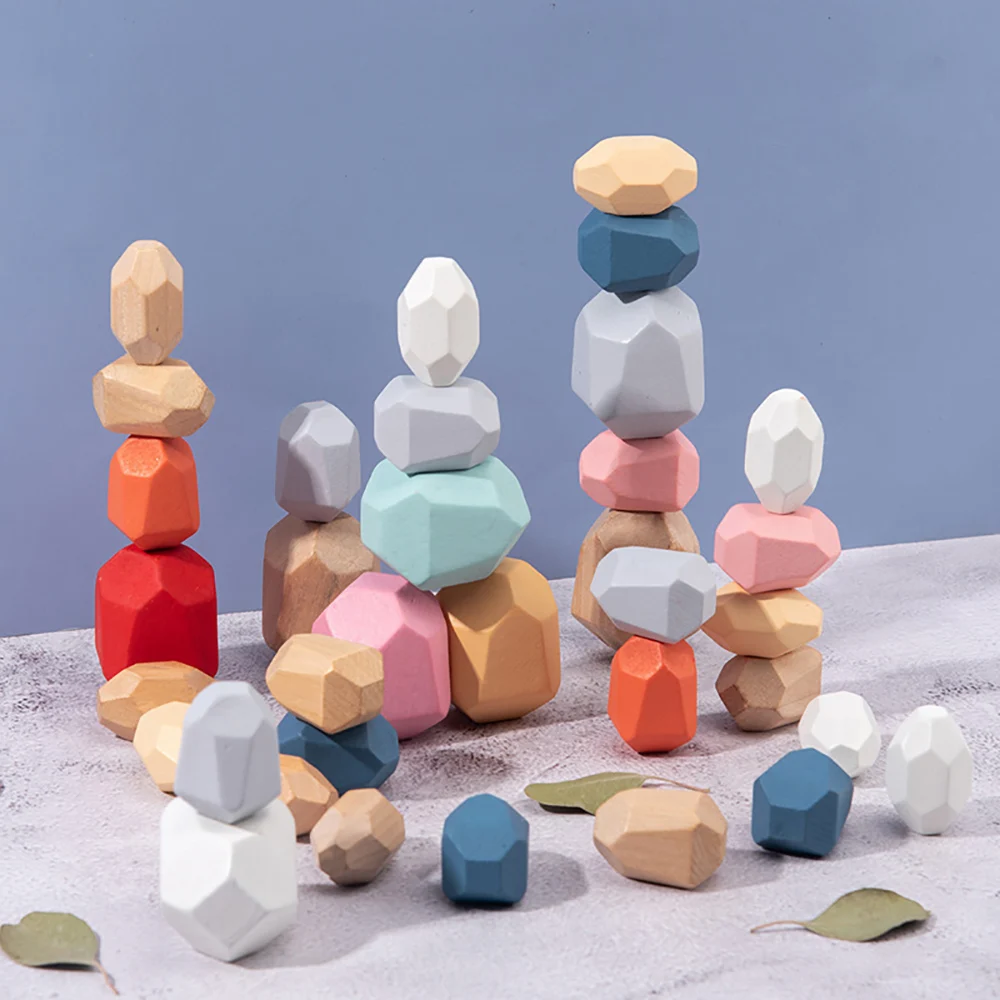 Montessori Wooden Sorting Stacking Rocks Stones Sensory Toddler Toys Learning Toys Building Blocks Game for Kids Birthday Gifts