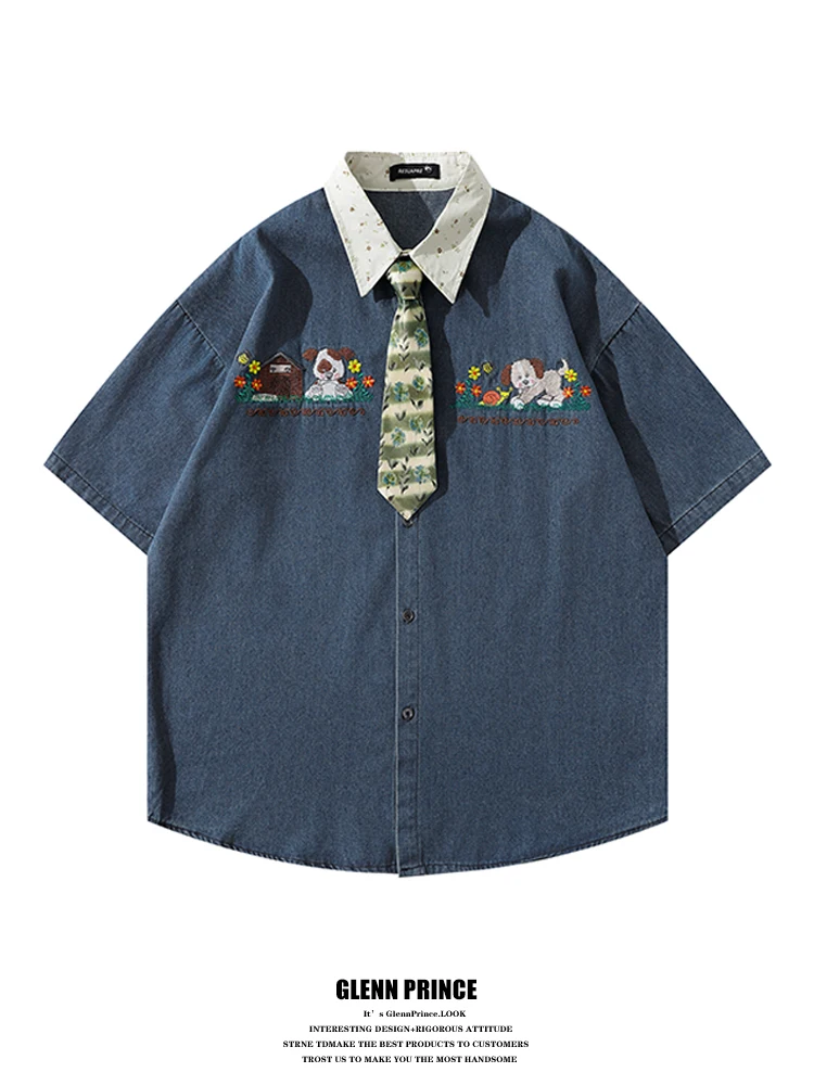 

Мужская летняя джинсовая рубашка с вышивкой милой собачки, цветочным принтом и завязками, свободного кроя, из хлопка, без бренда