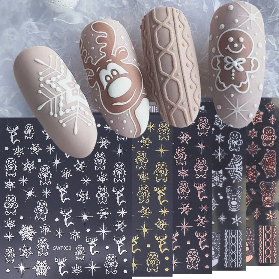 3/5pcs Christmas Nail Stickers Winter Snowflake Elk Gingerbread Nail Decals DIY Self-Adhesive Sliders New Year Manicure Decor