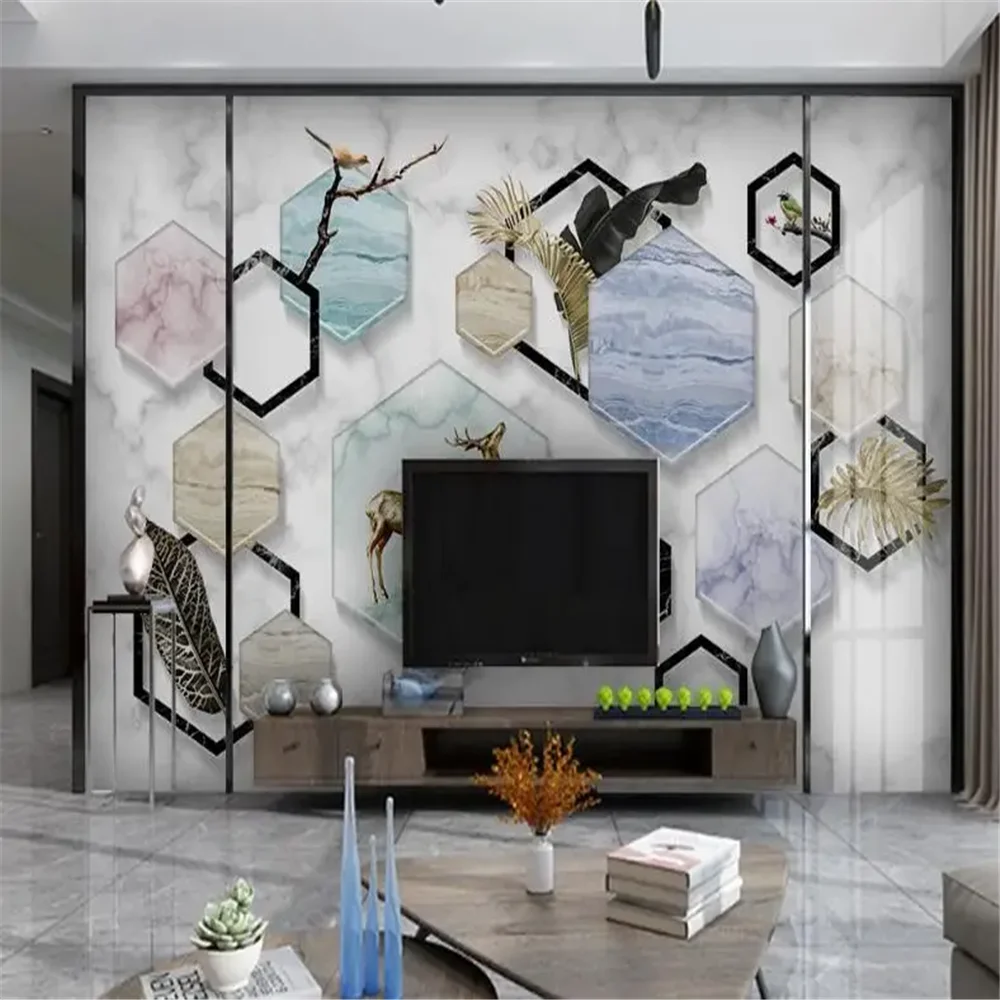Custom 3d Marble Geometry wallpaper mural simple stone texture geometric golden leaves wallpapers roll TV background wall paper