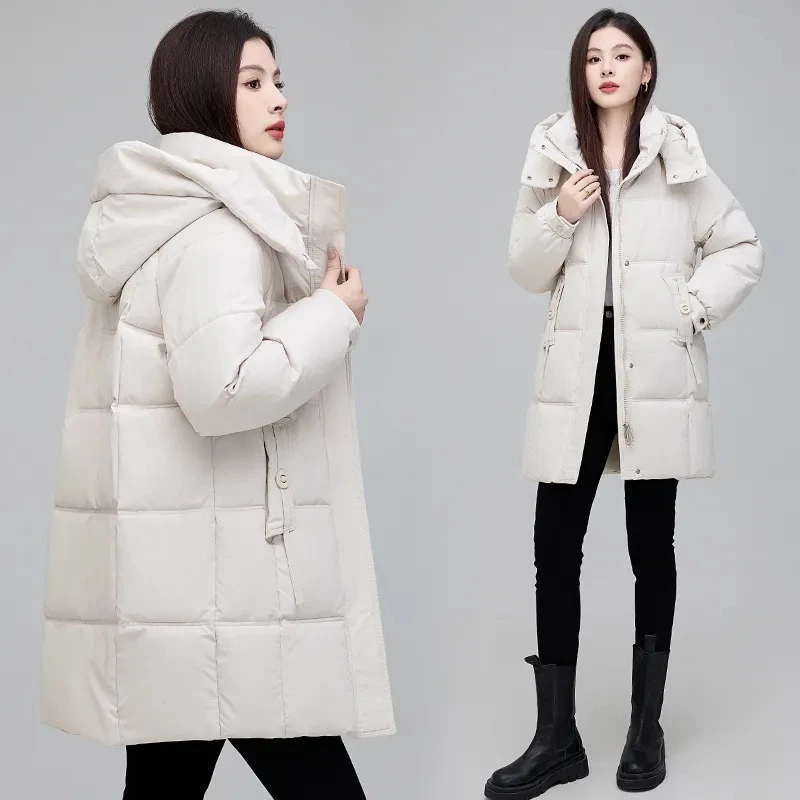 High-end Down Jacket Women's Long 2024 Winter Temperament Fashion Hooded Warm And Slim White Duck Down Loose Coat Women Tide.