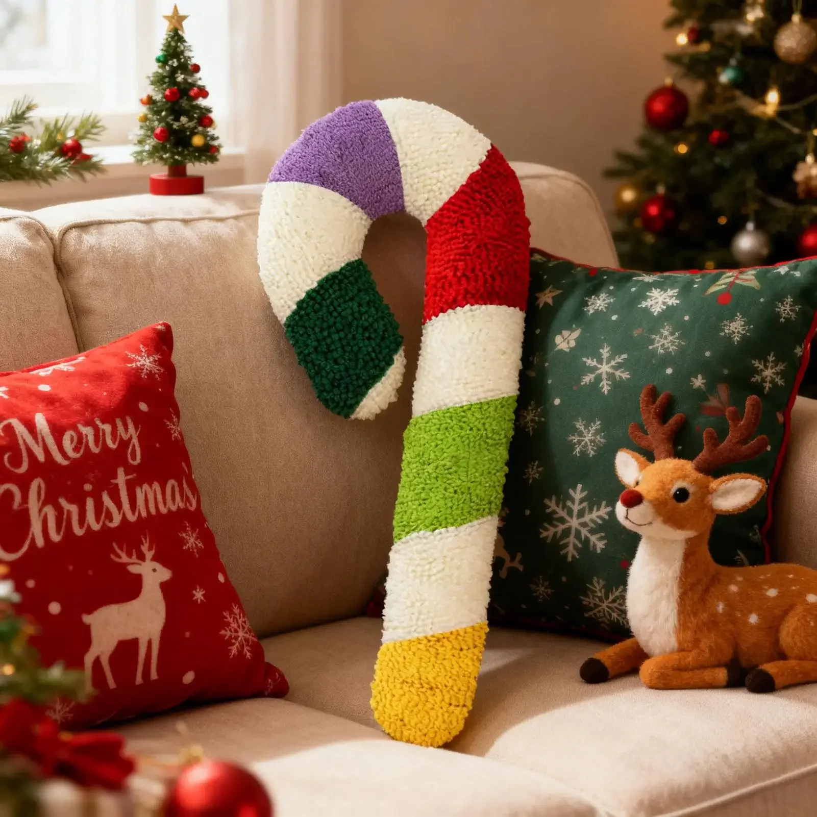 Colorful Candy Cane Pillow Christmas Plush Cushion Home Decor Colorful Throw Pillow for Kids Adults Sofa Couch Bed Living Room