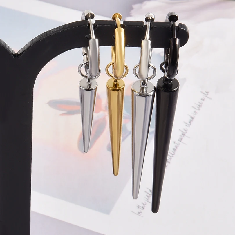 No Fade Different Length Pointed Cone Dangle Earring Stainless Steel Round Hoop Earrings For Women Men Jewelry Ear Piercing Gift