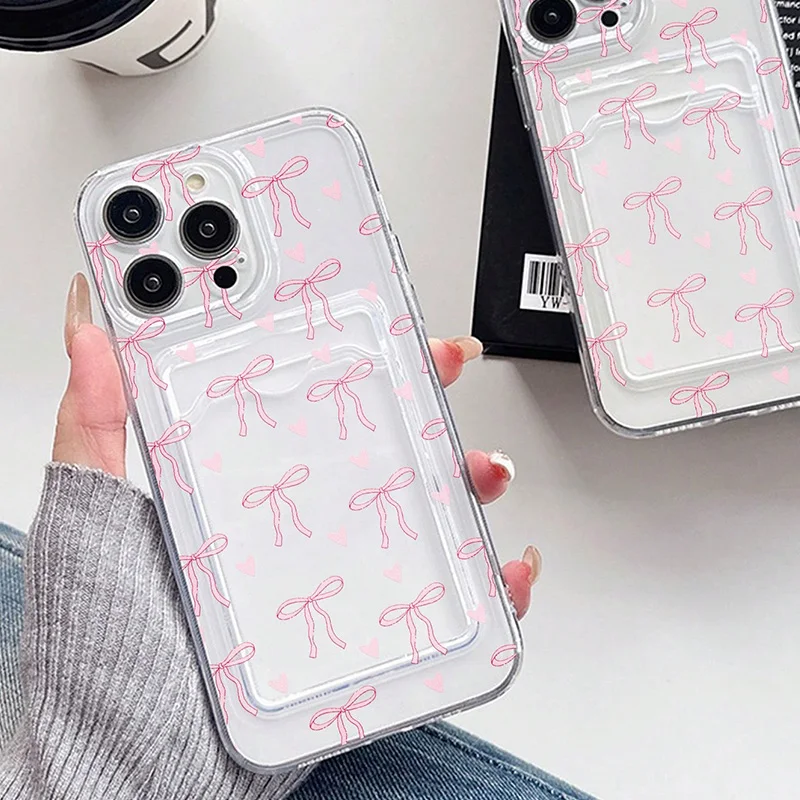 Transparent Card Slot Bag Holder Wallet Case For iPhone 16 15 14 Pro Max 13 12 11 XS X XR 7 8 Plus SE 2022 With Bow Print Cover