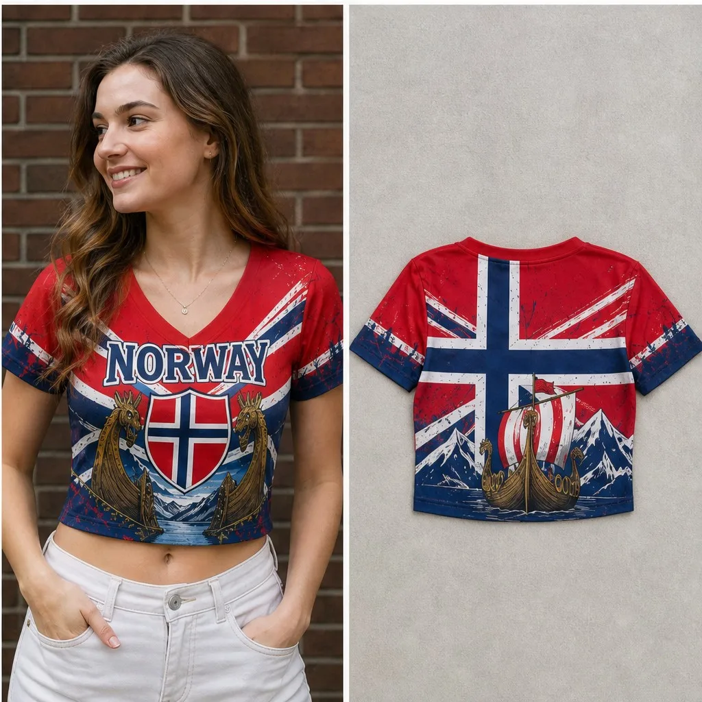 Womens V Neck Cropped Tee Norway Viking Shield Print Short Sleeve Summer Casual Top With Ships Back Nordic Street Shirt Heritage