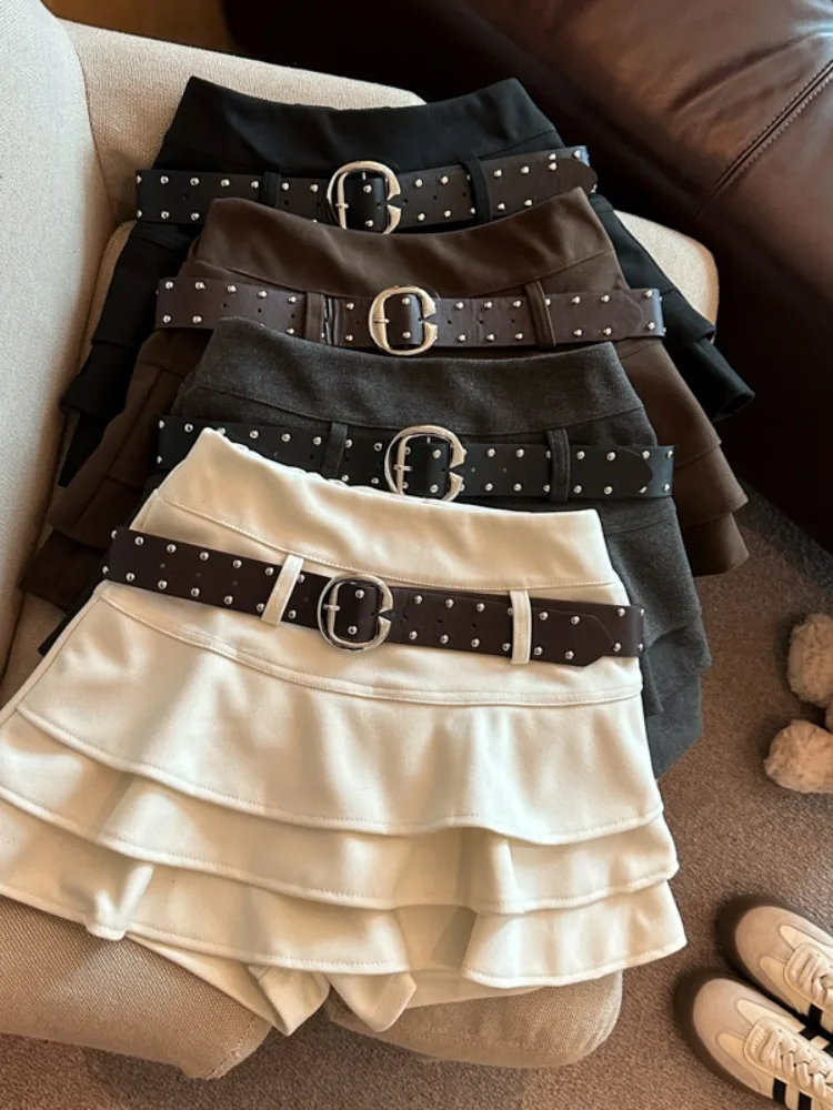양모 하이웨이스트 케이크 스커트 여성용 가을 겨울 레이어드 레이스 A라인 스커트 안티라이트 스커트 팬츠 벨트 포함