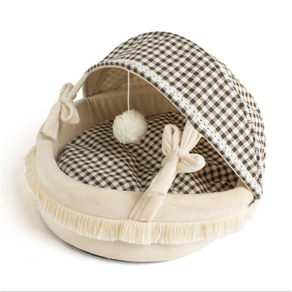 Cat Bed, Round Soft Bed for Cat, Brown-Plaid Bed for Small Cat to Big Cat, Bed with Cat Toy, Folding Cotton Cat Bed, Cat Cradle.