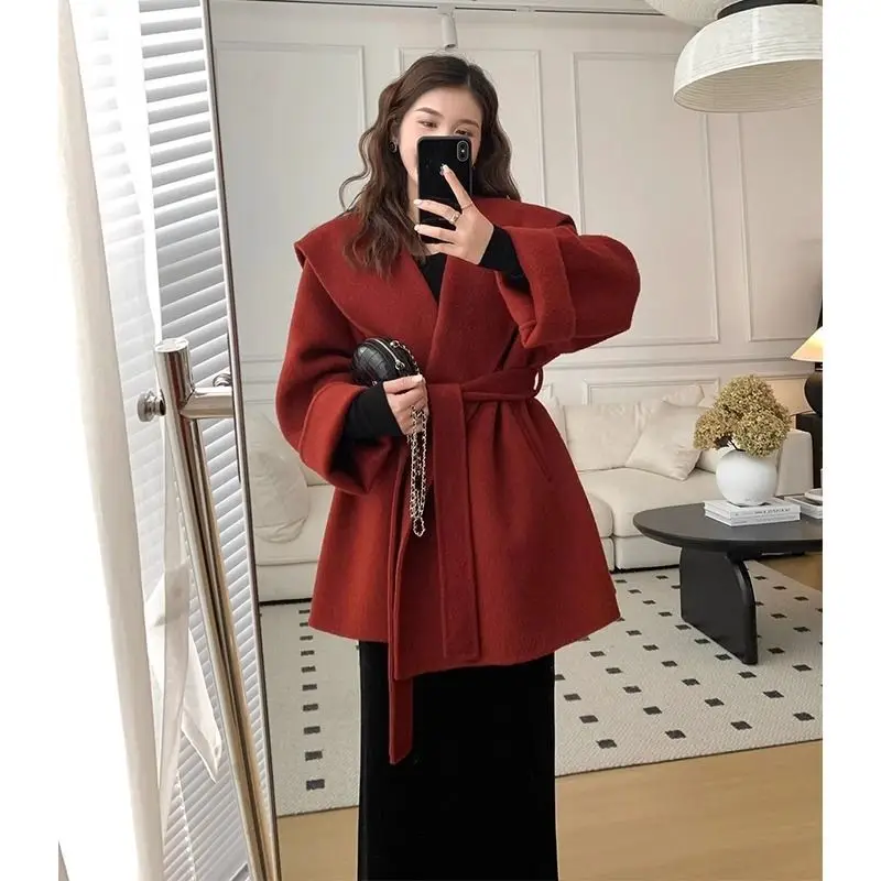 2024New Custom High-weight Fabric Seal God Double-sided Wool Overcoat Autumn and Winter White Waistband Red Christmas Cloak Coat