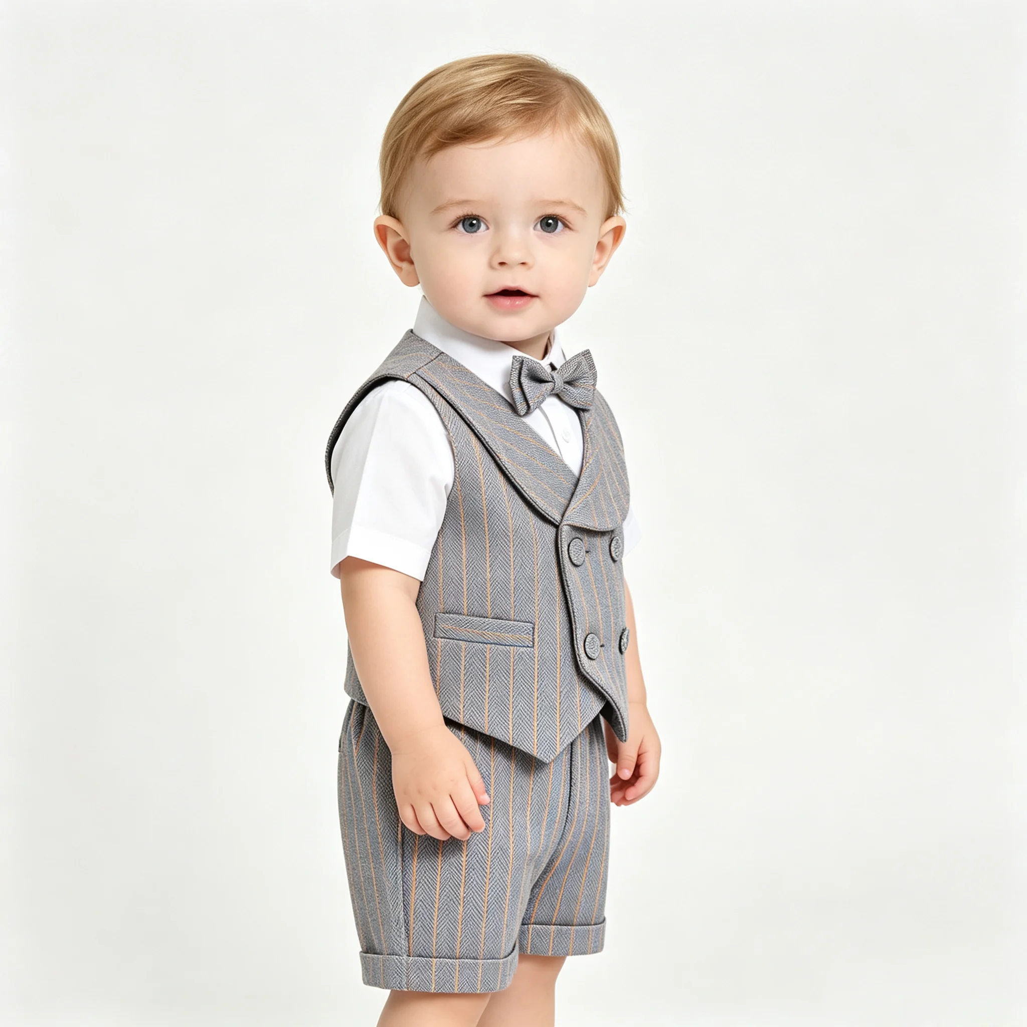 Traje Formal de 3 Piezas para Bebé Niño, Gris con Rayas Finas, Chaleco con Solapa, Pantalones Cortos con Puños, Corbata de Moño, para Boda, Bautizo, Cumpleaños, Atuendo de Caballero Infantil