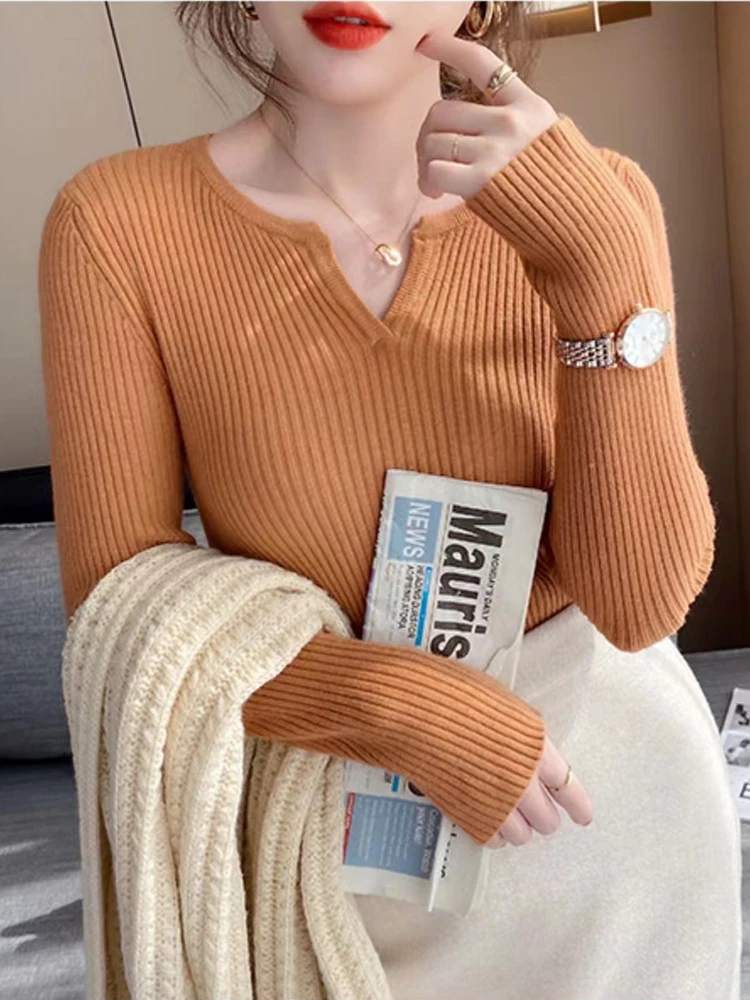 Autumn Winter V-neck Women Sweater Knitted Pullovers Fashion Korean Solid Knitwear Jumpers Sweaters Female Tops 2024