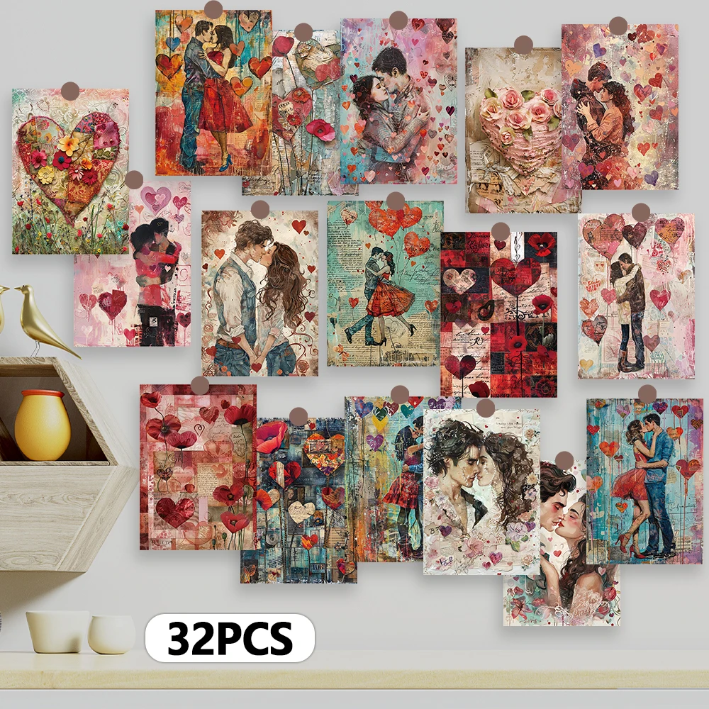 32개 빈티지 콜라주 스타일 발렌타인 데이 카드, 로맨틱한 사랑 표현, 침실 장식, 고품질 인쇄, 선물 카드
