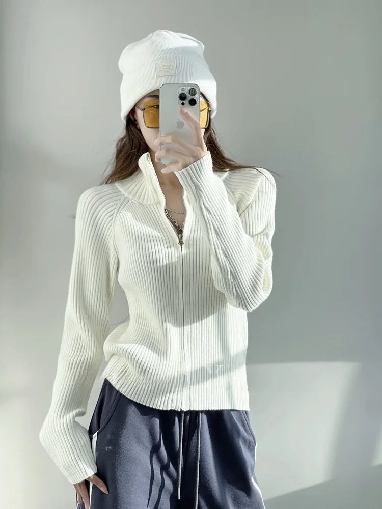 

Стильный вязаный кардиган на молнии в стиле хиппи для женщин: осенне-зимняя верхняя одежда, тонкий базовый свитер-топ