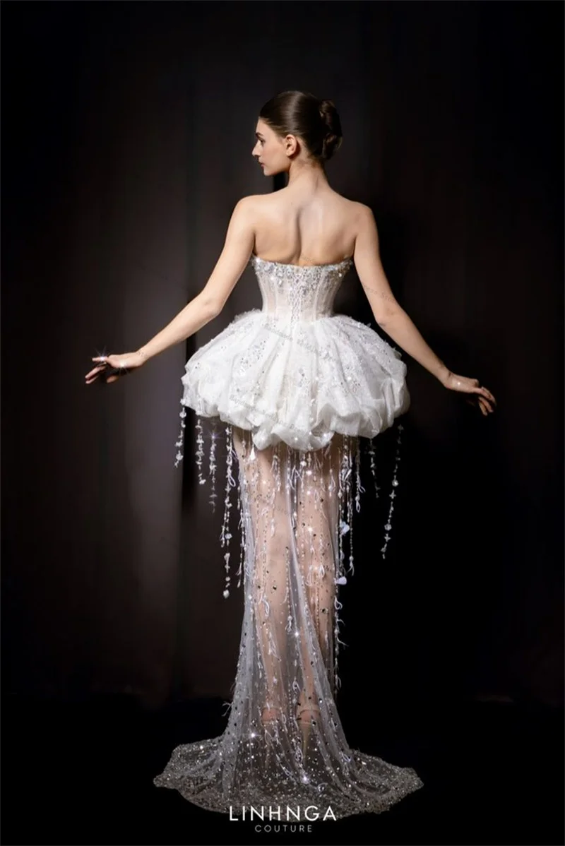 فستان نسائي فاخر لامع للحفلات الراقصة مزين باللؤلؤ والترتر مثير بدون حمالات بدون أكمام فستان زفاف شفاف من التل مخصص غمد رداء طويل #3