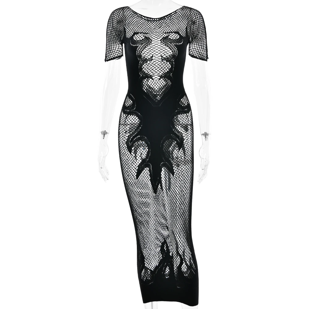 Sifreyr High Stretch Sheer Long Dress Women Fashion O Neck Short Sleeve Streetwear Sexy Club Party Bodycon Dresses Vestido — zdjęcie 2