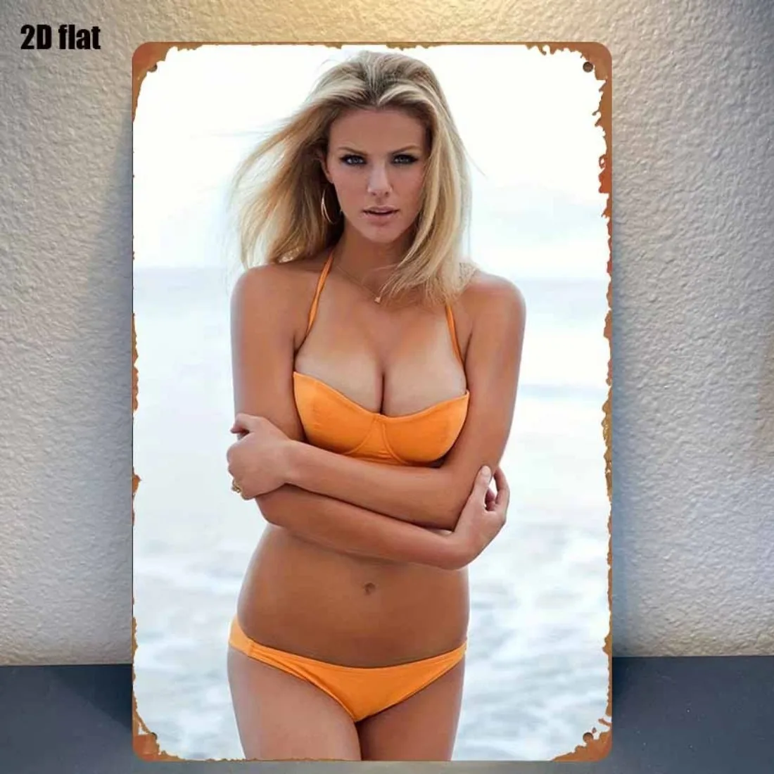 Vintage Orange Bikini Beach Girl 2D Metal Wall Art, Unframed Iron Decor for Bedroom Bar Garden Outdoor Indoor Retro Home Decor