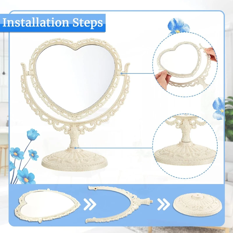 Simple and Lovely Heart-Shaped Cosmetic Mirror Plastic Double-Sided Rotatable Dresser Mirror   Bathroom Bedroom Mirror