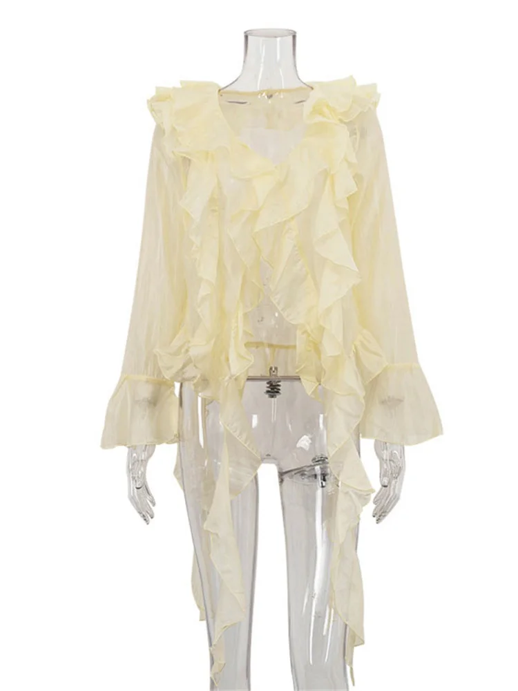 Tossy Ruffled Chiffon Casual Shirts Top Women's See-Through Loose Patchwork V-Neck Summer 2025 Pullover Solid Female Blouse Top