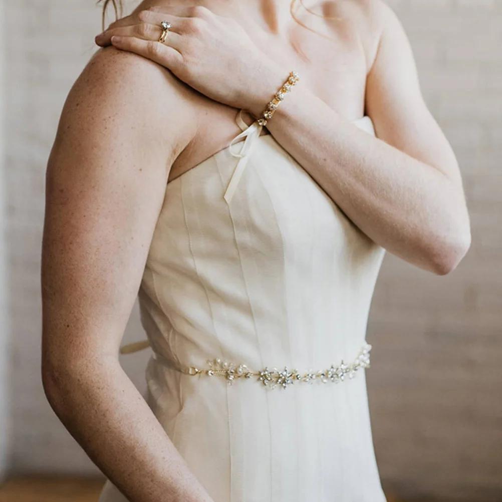 

Wedding Waist Belt Rhinestone Bride Golden Pearl Adjustable Ribbon Comfortable Elegant Body Jewelry Necklace Clothing Accessory