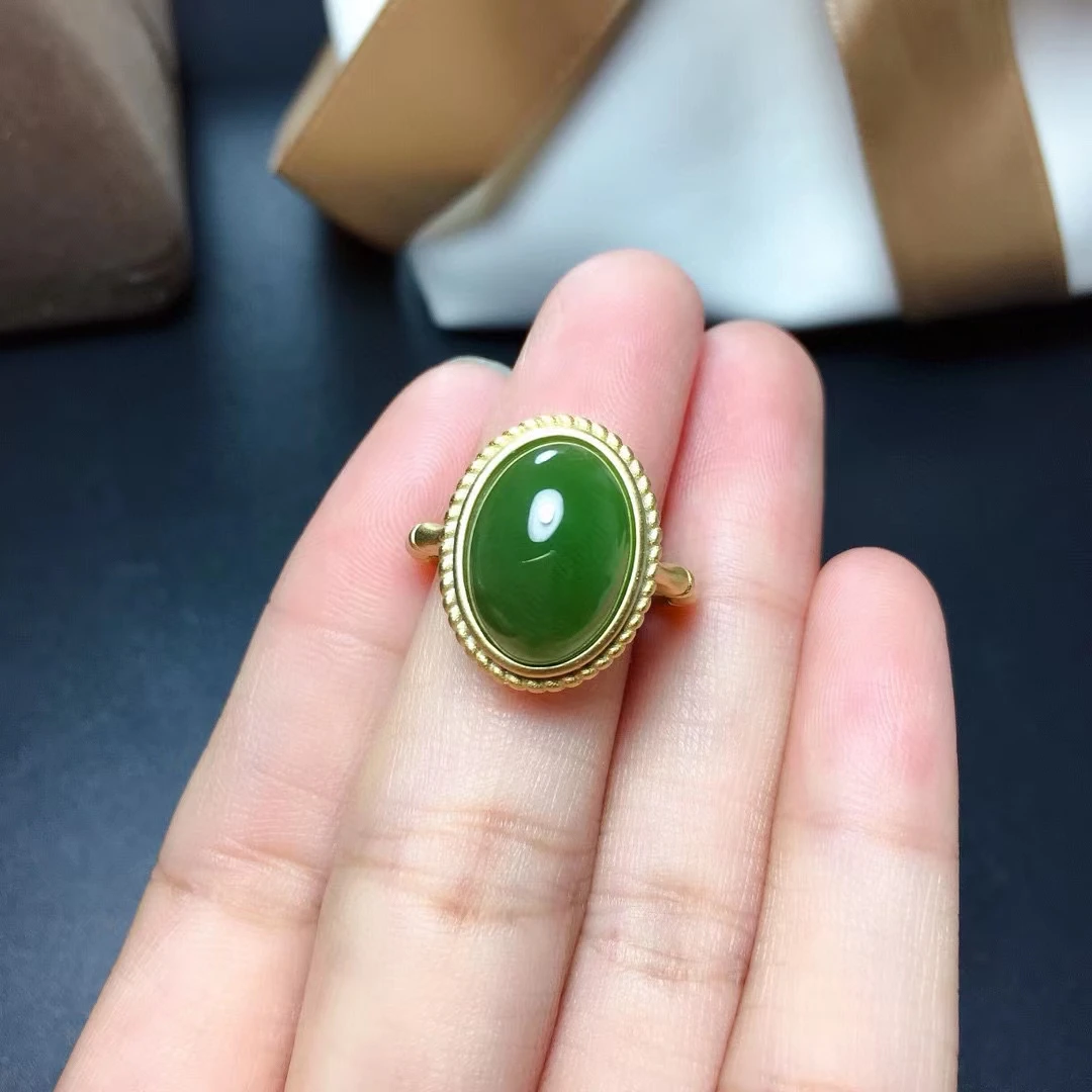 Vintage Silver Jade Ring with 3 Layers 18K Yellow Gold Plating10mm*14mm Natural Green Jade Ring for Party Woman Gift