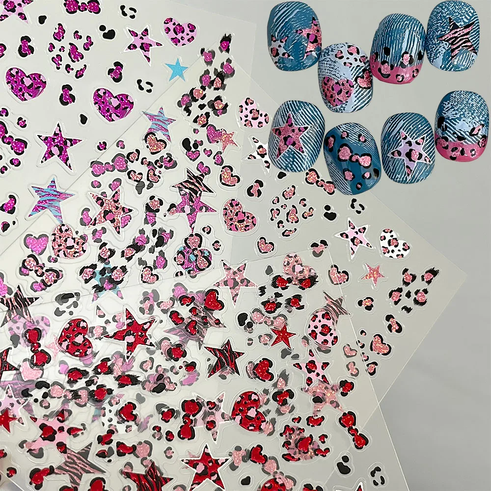 5 pçs colorido glitter leopardo impressão arte do prego adesivos estrela coração leopardo ponto rosa vermelho marrom decalques de unhas adesivo sexy sliders